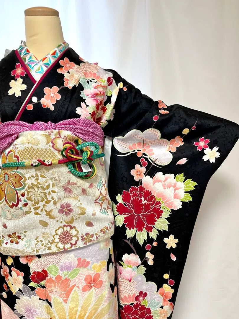 [Miori] Furisode, pure silk, full set of furisode, 7-piece set, black, retro, antique style