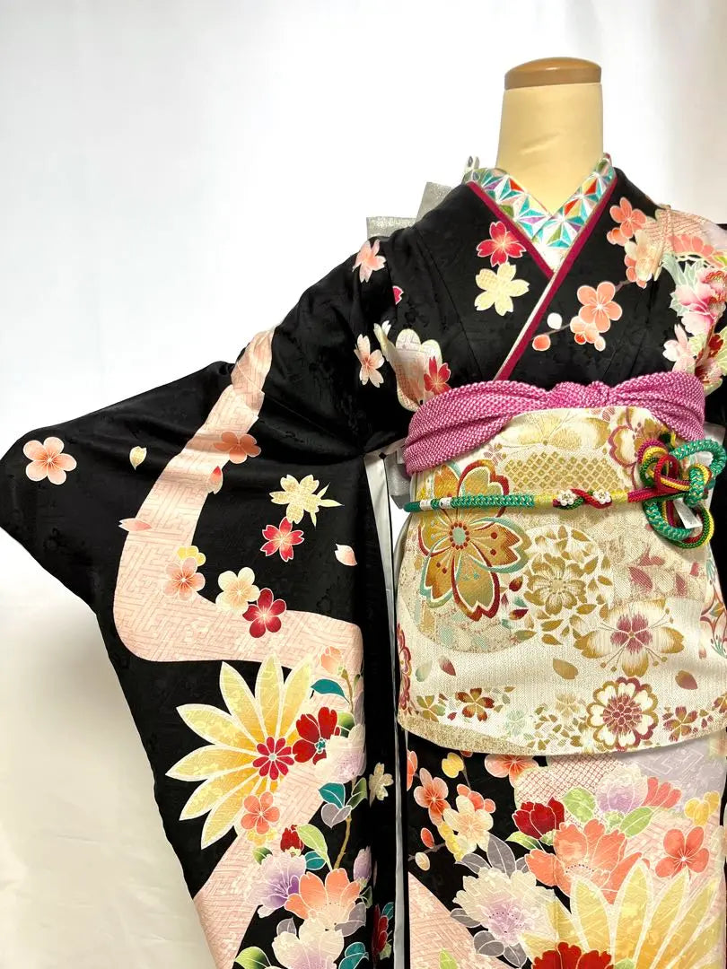 [Miori] Furisode, pure silk, full set of furisode, 7-piece set, black, retro, antique style