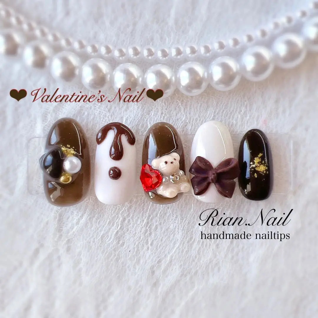 [No.047] Valentine's Day Nails♡Ribbon♡Bear♡Heart♡Chocolate