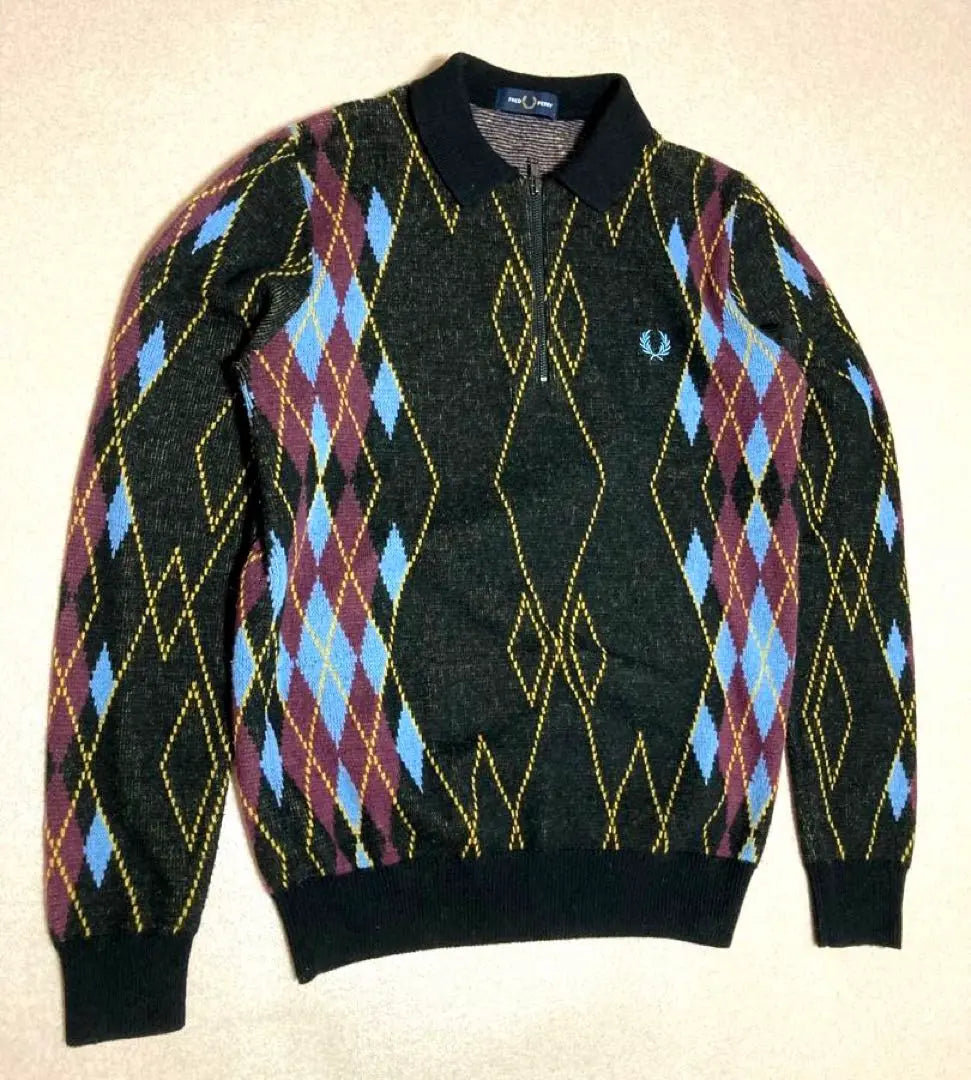 Rare Fred Perry Argyle Pattern Half Zip Polo Shirt Knit Sweater