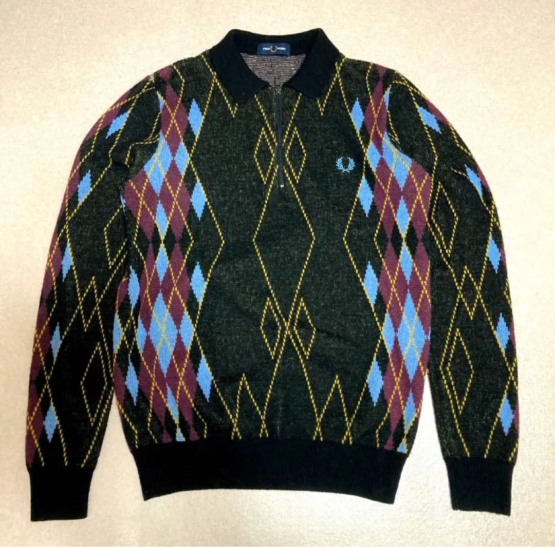 Rare Fred Perry Argyle Pattern Half Zip Polo Shirt Knit Sweater