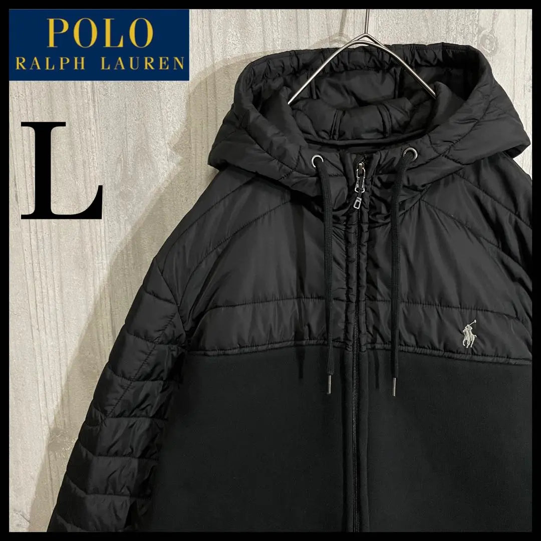 [Modelo poco común] Logotipo bordado de Ralph Lauren Material de entrada Switching Footwater Food Jacket L | 【希少モデル】ラルフローレン 刺繍ロゴ入 素材切替 中綿入フードジャケット L