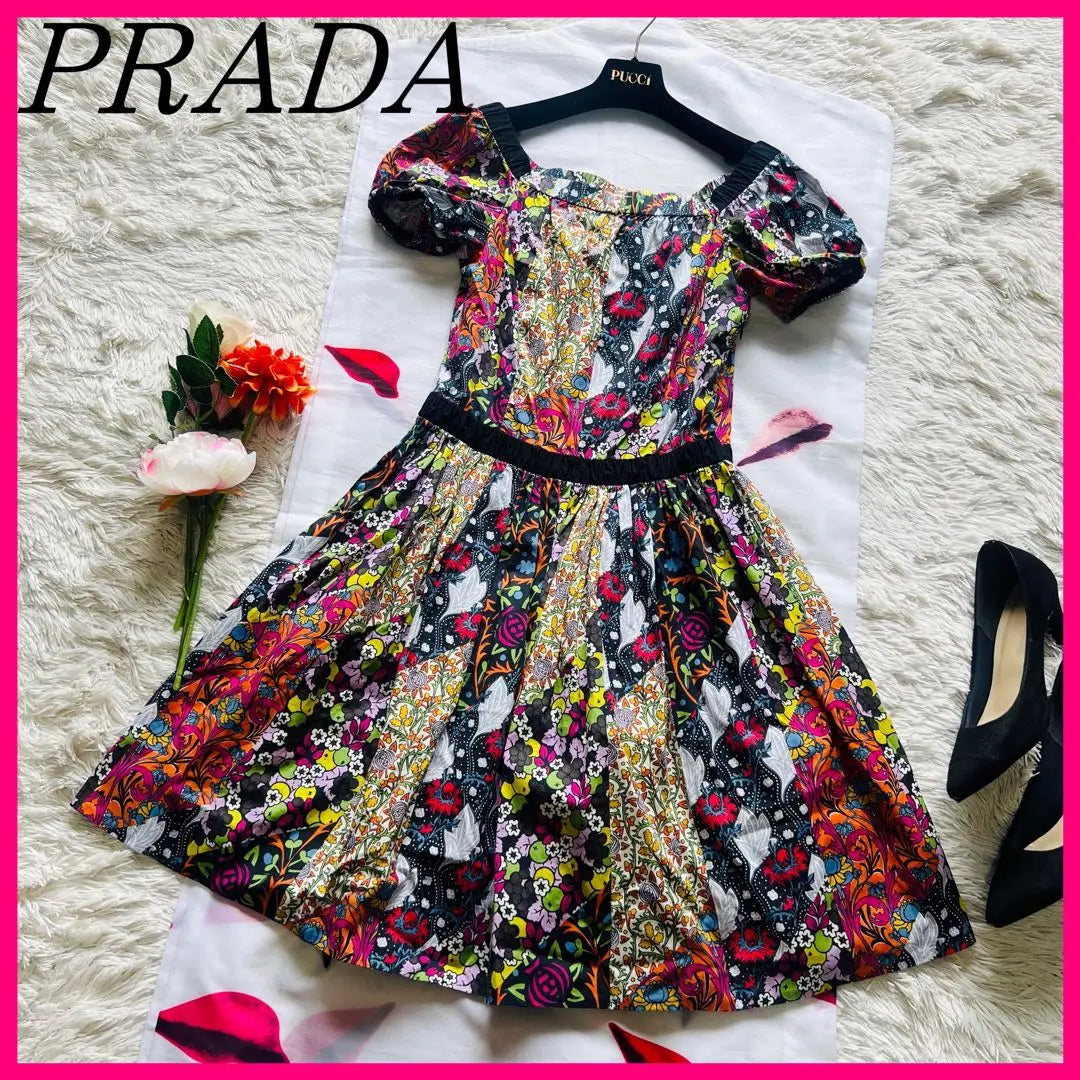 [Productos hermosos] PRADA Hasta la rodilla Patrón de flores acampanadas de una pieza Manga corta 36 S Patrón total | 【美品】PRADA 膝丈ワンピース フレア 花柄 半袖 36 S 総柄