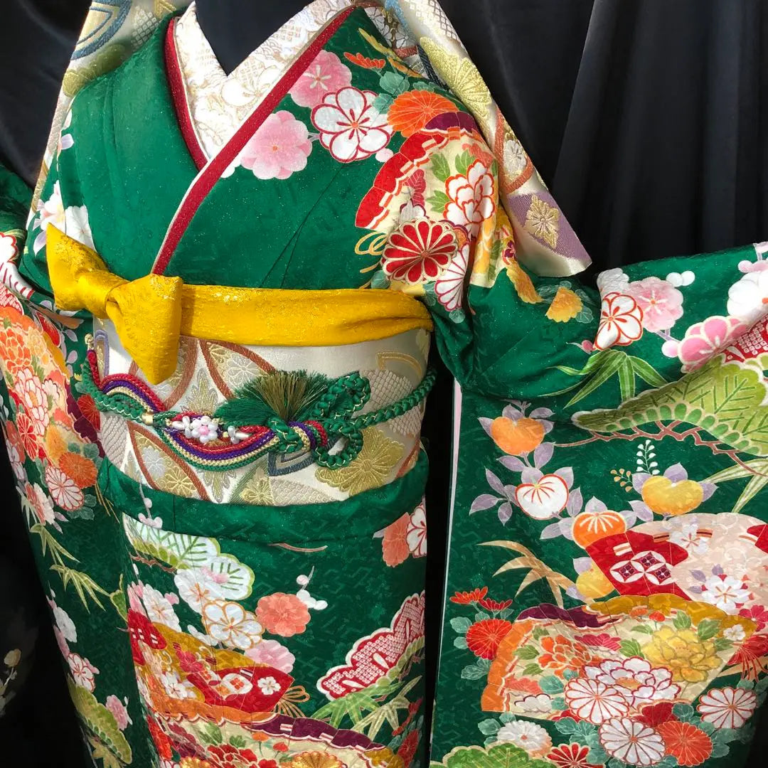 ■Super beautiful condition■Auspicious cypress pine, bamboo, plum■Pure silk furisode full set■Coming of age ceremony■Full furisode set