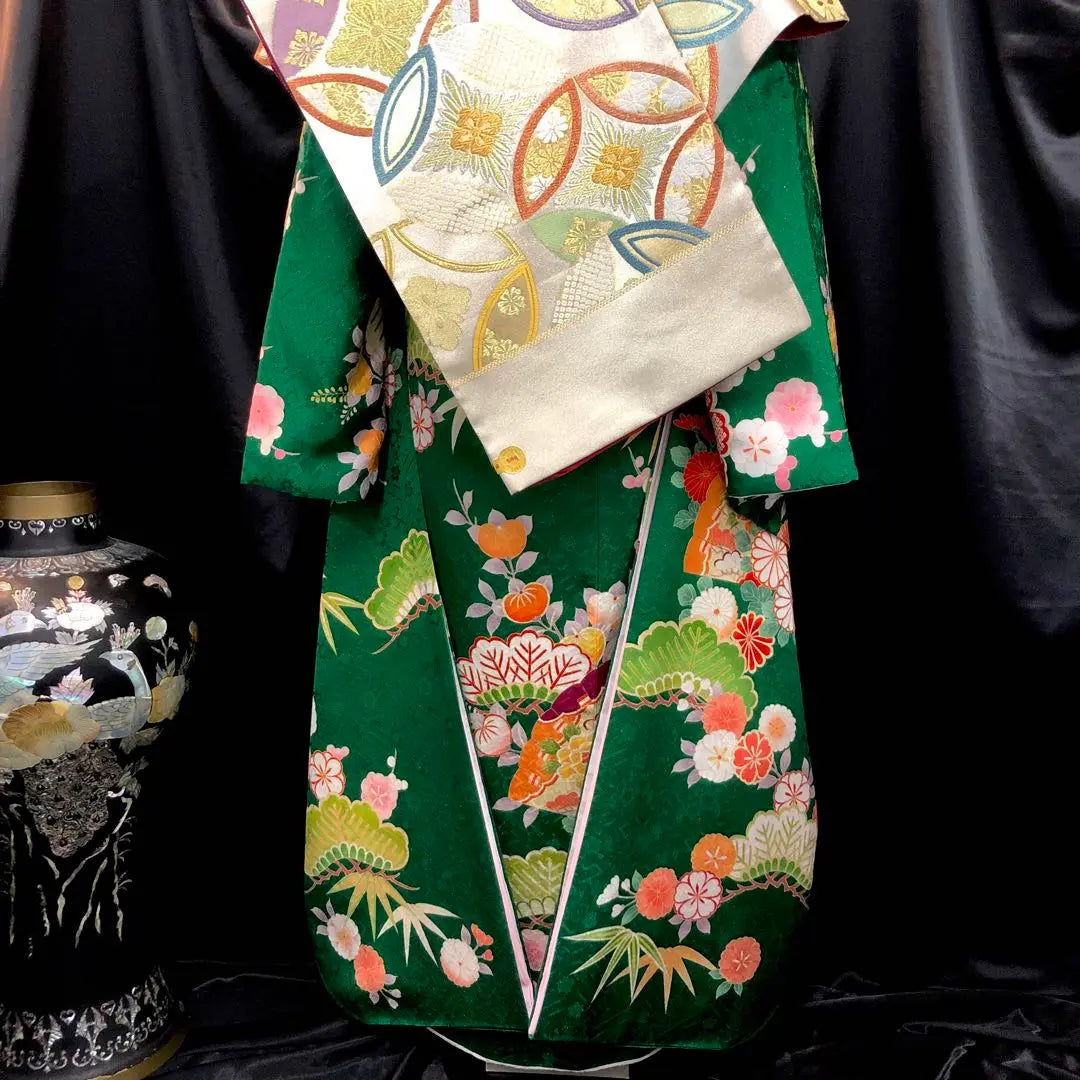 ■Super beautiful condition■Auspicious cypress pine, bamboo, plum■Pure silk furisode full set■Coming of age ceremony■Full furisode set