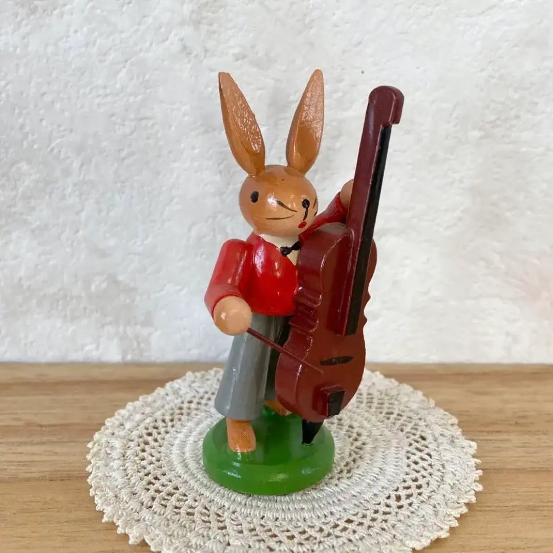 Controvers del escuadrón de música de conejo Figura de muñeca de madera Elts Alemania Vintage / ウサギの音楽隊 コントラバス 木製 人形 置物 エルツ ドイツ ヴィンテージ