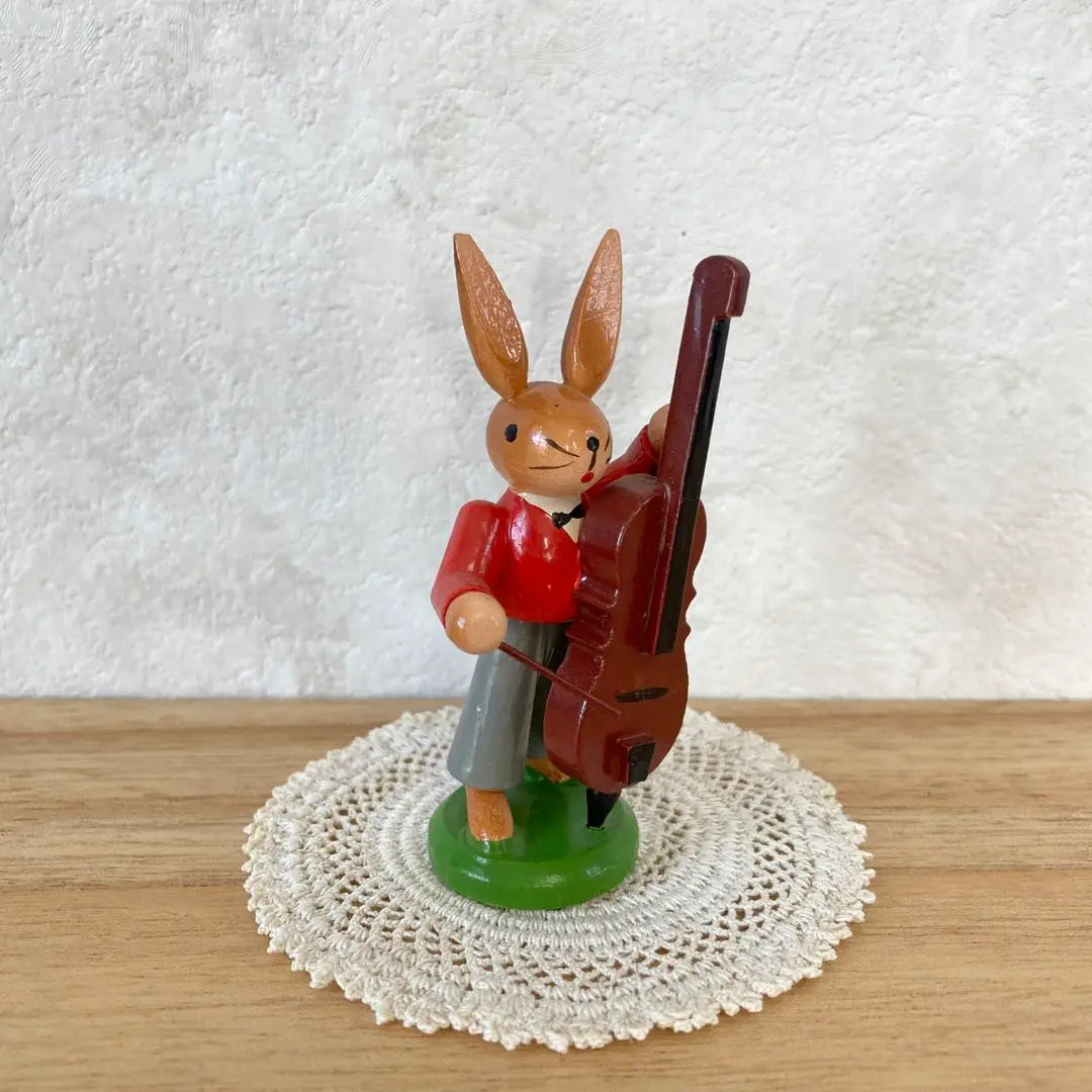 Rabbit music squad controvers Wooden doll figurine Elts Germany Vintage | ウサギの音楽隊　コントラバス　木製　人形　置物　エルツ　ドイツ　ヴィンテージ