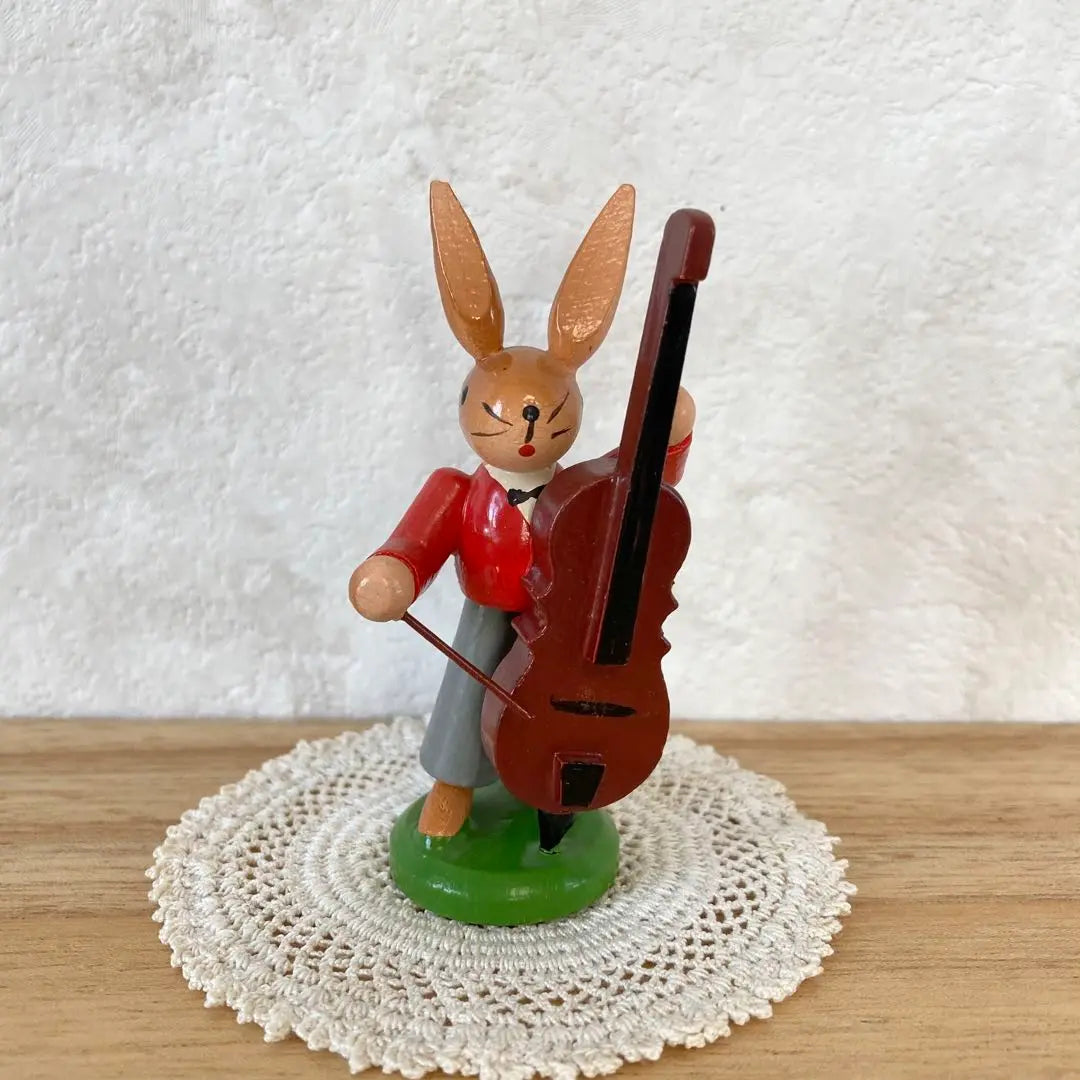 Controvers del escuadrón de música de conejo Figura de muñeca de madera Elts Alemania Vintage / ウサギの音楽隊 コントラバス 木製 人形 置物 エルツ ドイツ ヴィンテージ