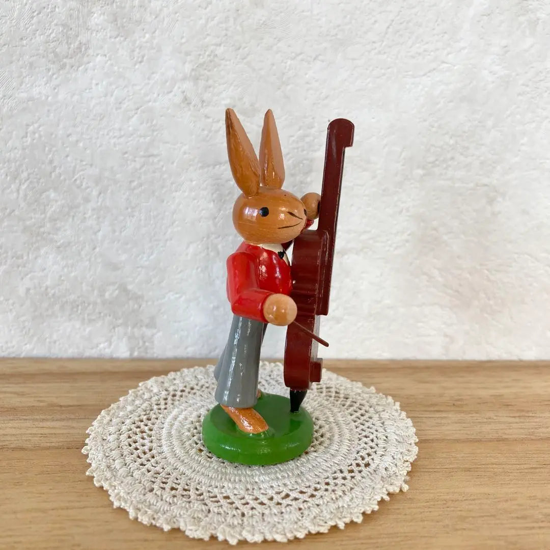 Controvers del escuadrón de música de conejo Figura de muñeca de madera Elts Alemania Vintage / ウサギの音楽隊 コントラバス 木製 人形 置物 エルツ ドイツ ヴィンテージ