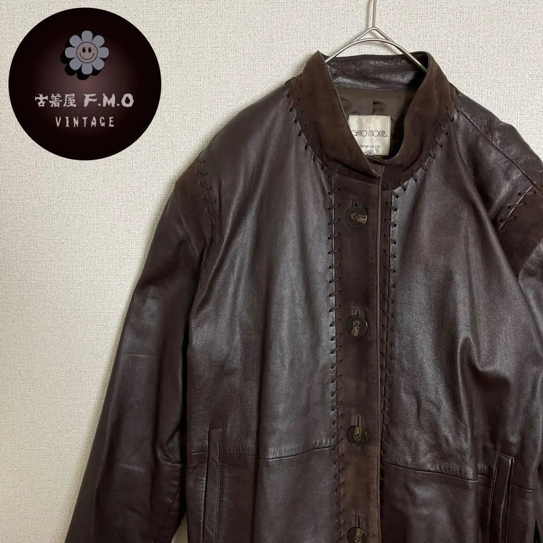 ★Leather jacket, sheepskin, leather stitching, vintage, dark brown, old clothes