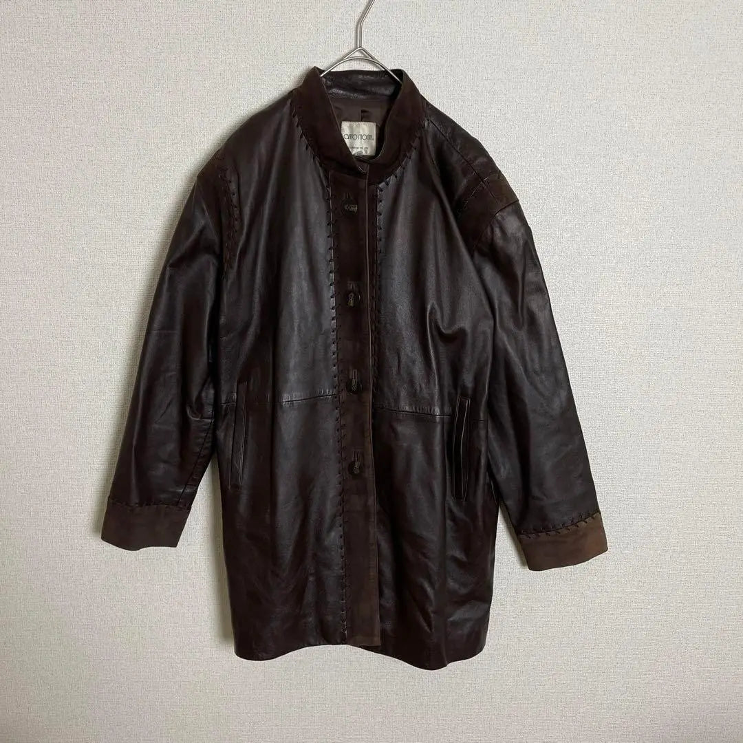 ★Leather jacket, sheepskin, leather stitching, vintage, dark brown, old clothes