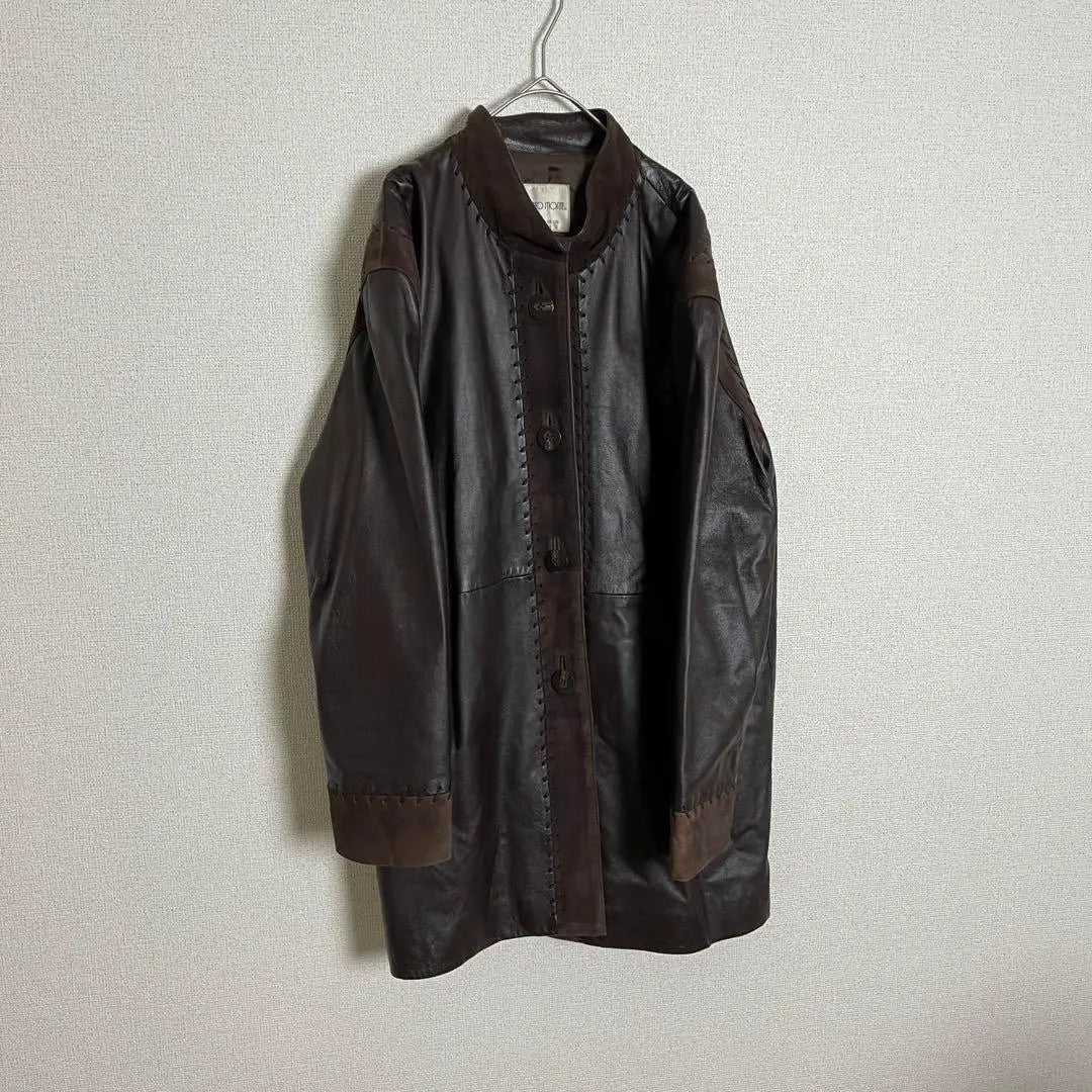 ★Leather jacket, sheepskin, leather stitching, vintage, dark brown, old clothes