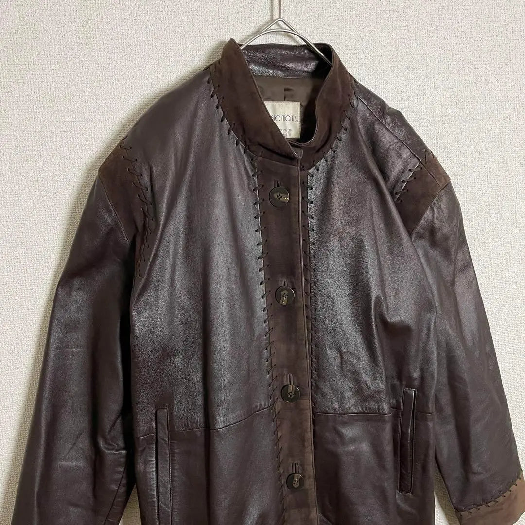 ★Leather jacket, sheepskin, leather stitching, vintage, dark brown, old clothes