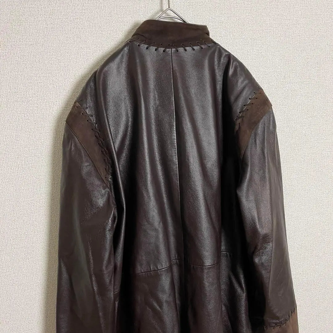 ★Leather jacket, sheepskin, leather stitching, vintage, dark brown, old clothes