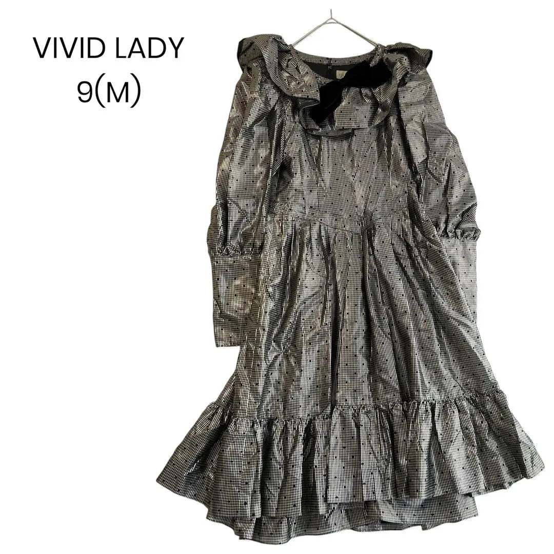 [VIVID LADY] Black ribbon on the chest, polka dot party dress 9(M) a0261