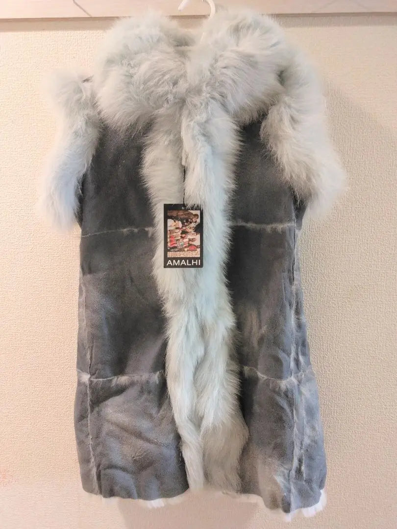 New AMALHI Paris Fox Rabbit Fur Vest Light Blue Gilet