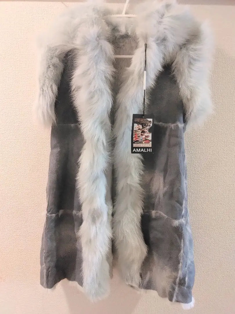 New AMALHI Paris Fox Rabbit Fur Vest Light Blue Gilet