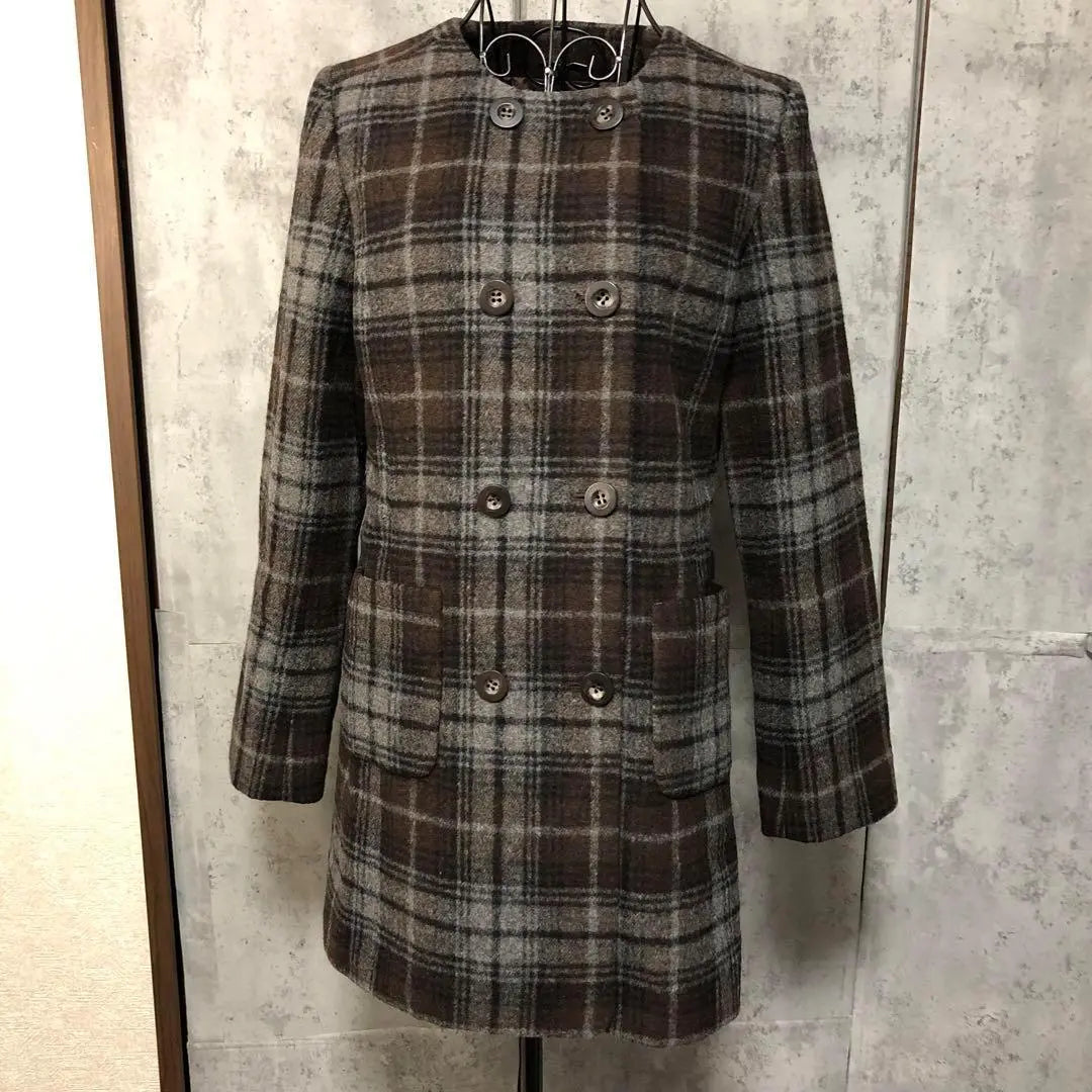 Solo Plus Collarless Coat Checkered Wool Blend Long Coat Size 38