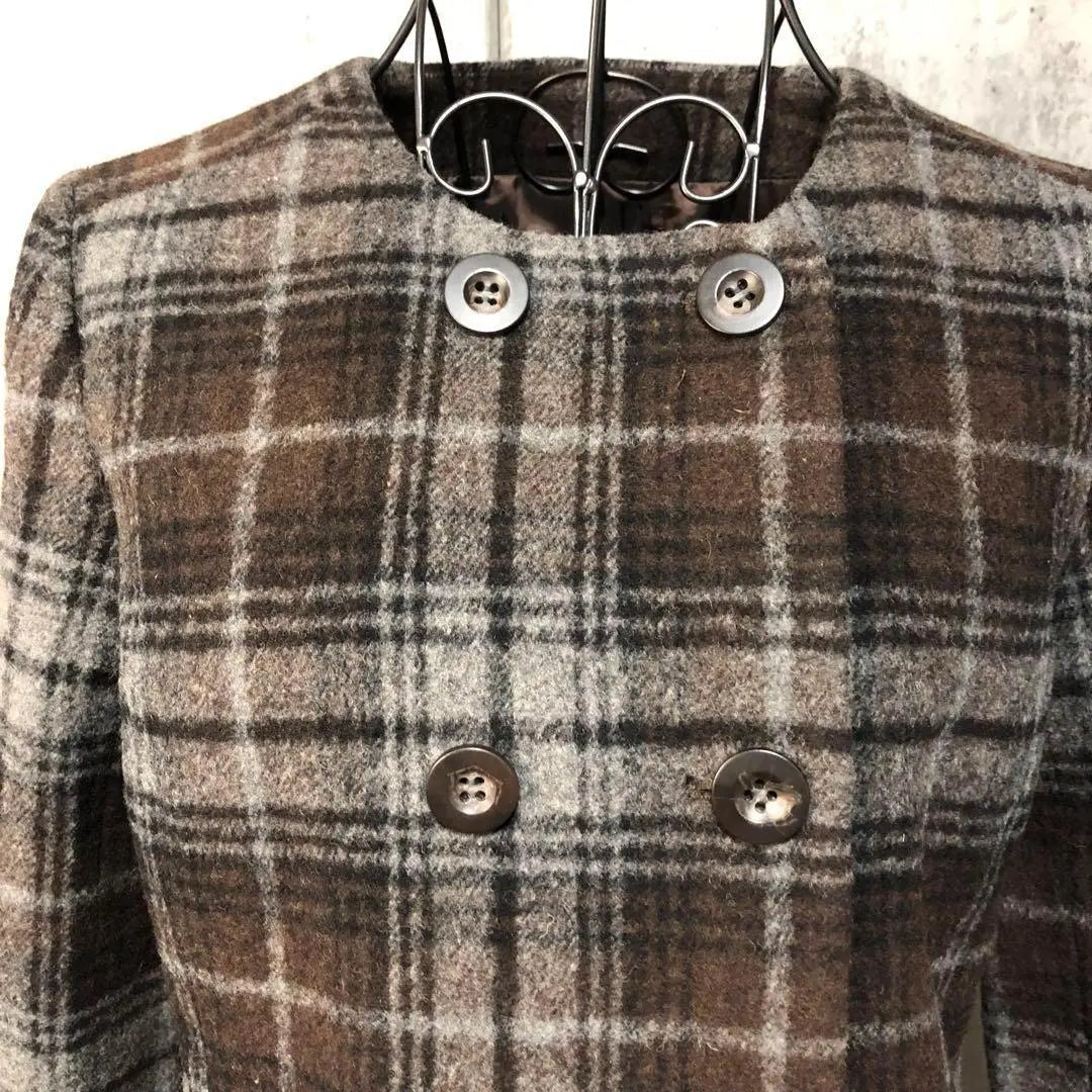 Solo Plus Collarless Coat Checkered Wool Blend Long Coat Size 38