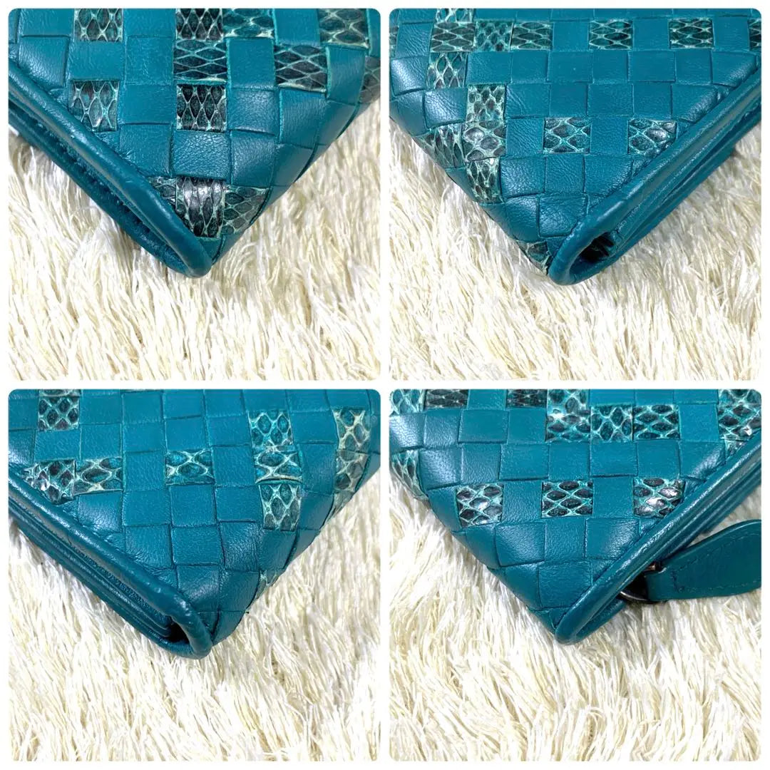 [Good condition] Bottega Veneta long wallet, python, flap, round zip, turquoise