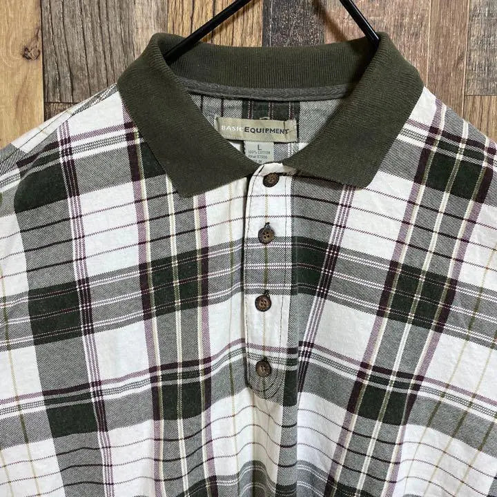 Men's Check Dark Green White Polo Shirt Long Sleeve USA Vintage Clothing Green White