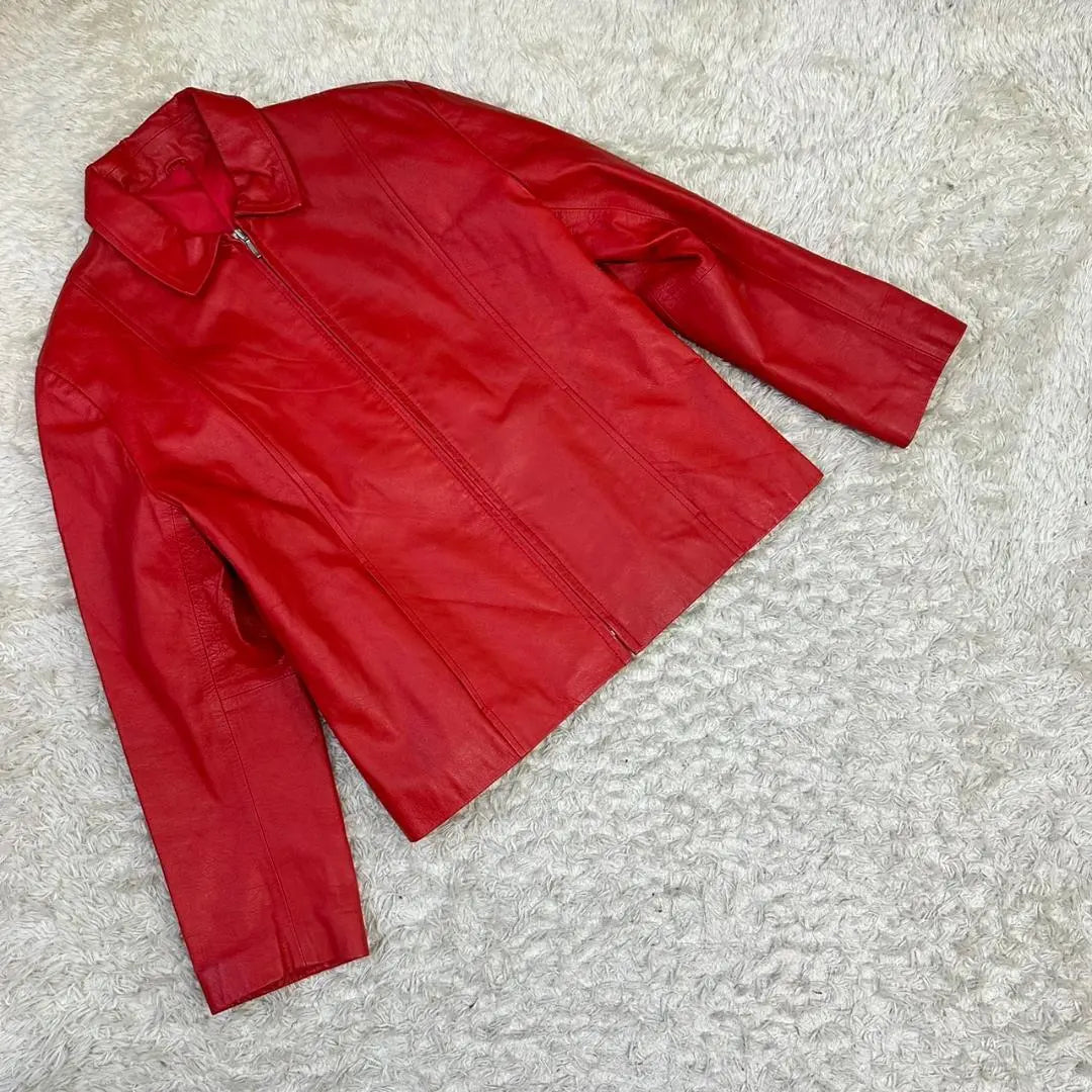 Women's Red Leather Jacket Cowhide Outerwear Zip-up