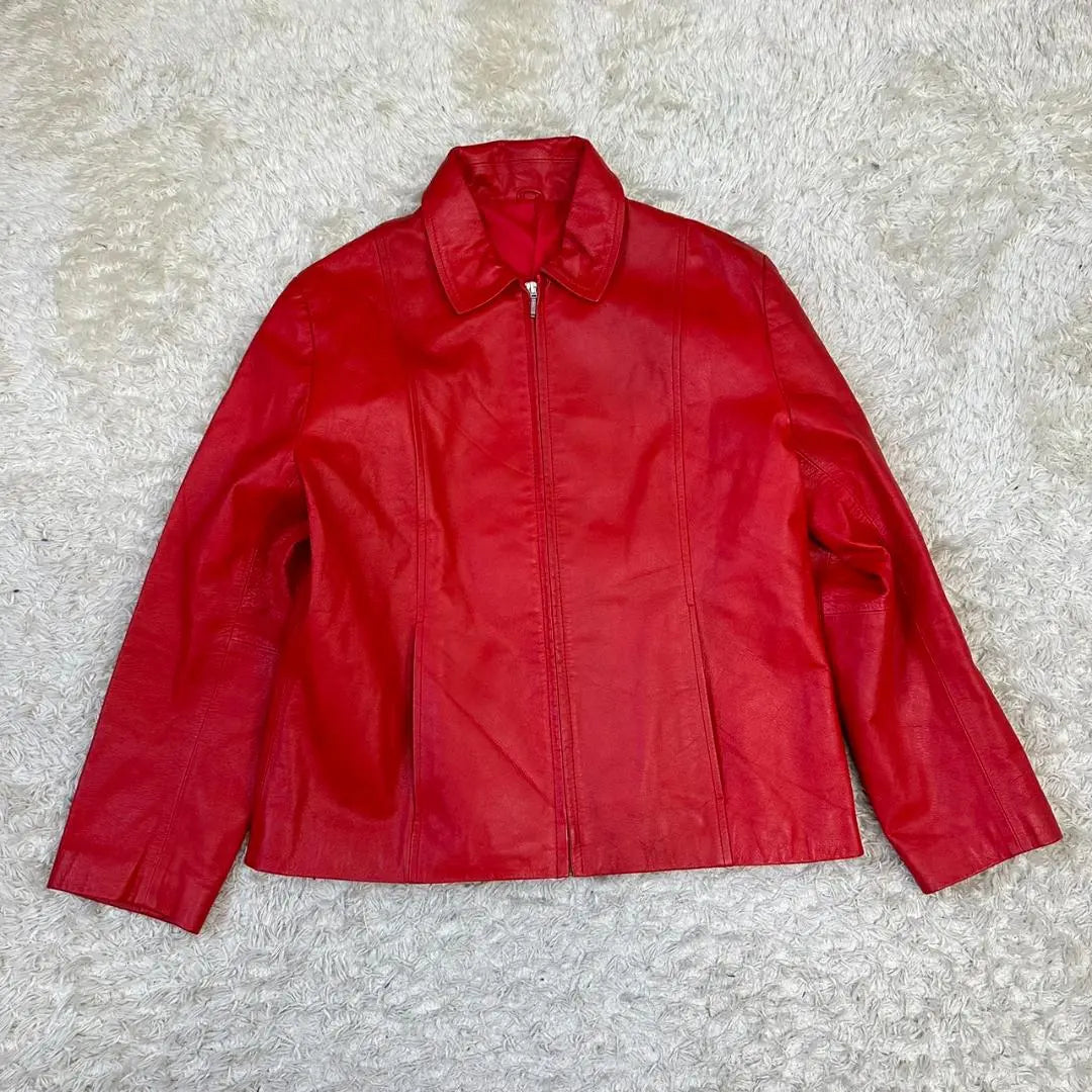 Women's Red Leather Jacket Cowhide Outerwear Zip-up