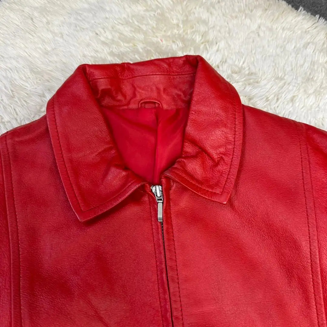 Women's Red Leather Jacket Cowhide Outerwear Zip-up