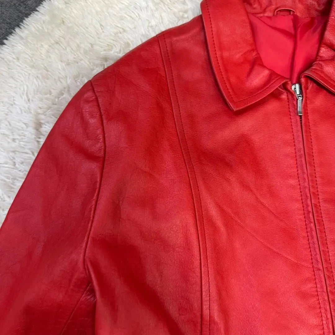 Women's Red Leather Jacket Cowhide Outerwear Zip-up