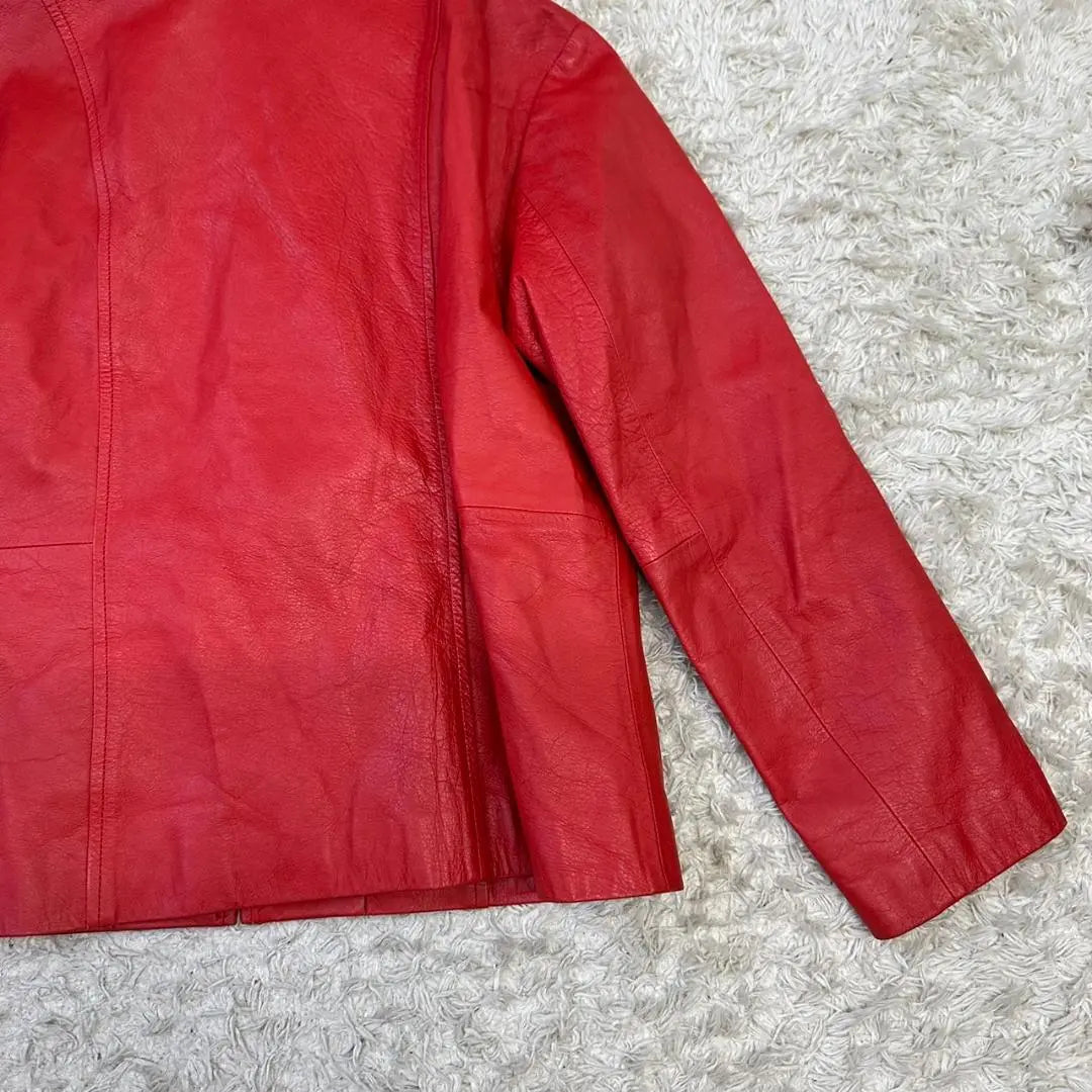 Women's Red Leather Jacket Cowhide Outerwear Zip-up