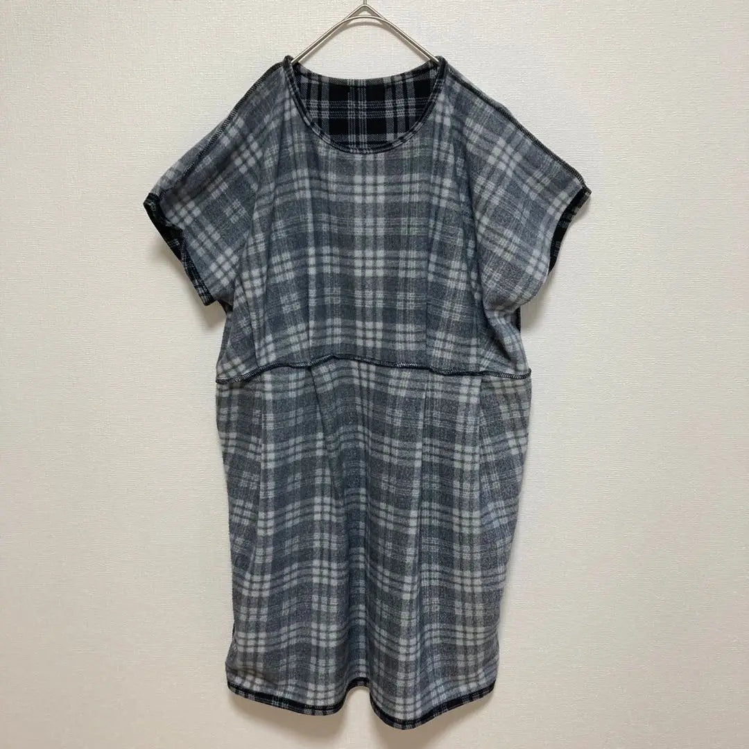 [Le Sabil] Checkered dress, tunic, short sleeve, waist change, M