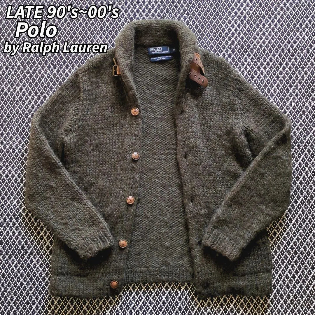 90s Ralph Lauren Hand Knit Cardigan Alpaca Leather Thick M