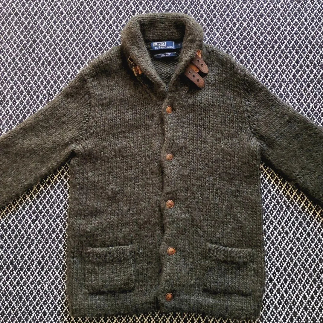 90s Ralph Lauren Hand Knit Cardigan Alpaca Leather Thick M