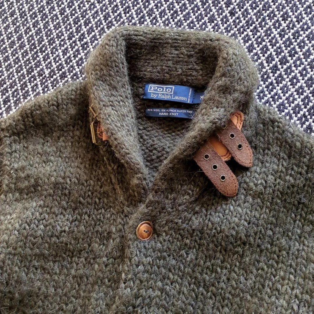 90s Ralph Lauren Hand Knit Cardigan Alpaca Leather Thick M