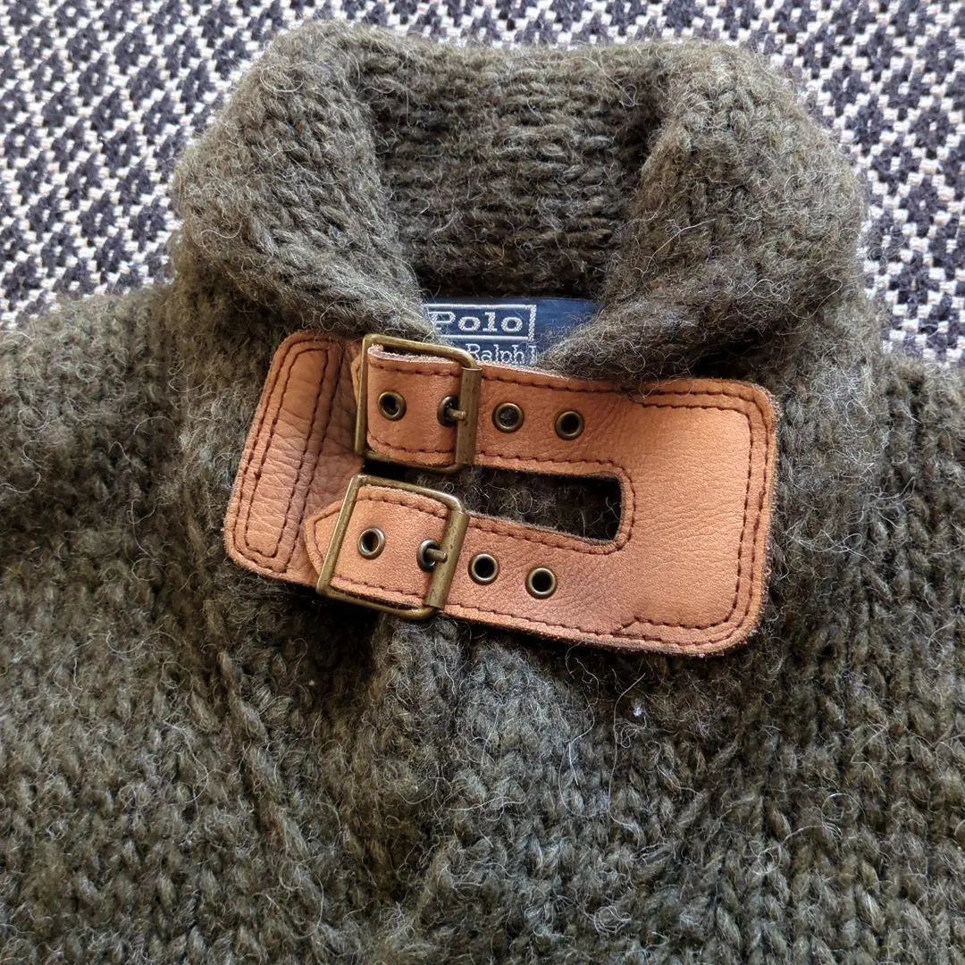 90s Ralph Lauren Hand Knit Cardigan Alpaca Leather Thick M