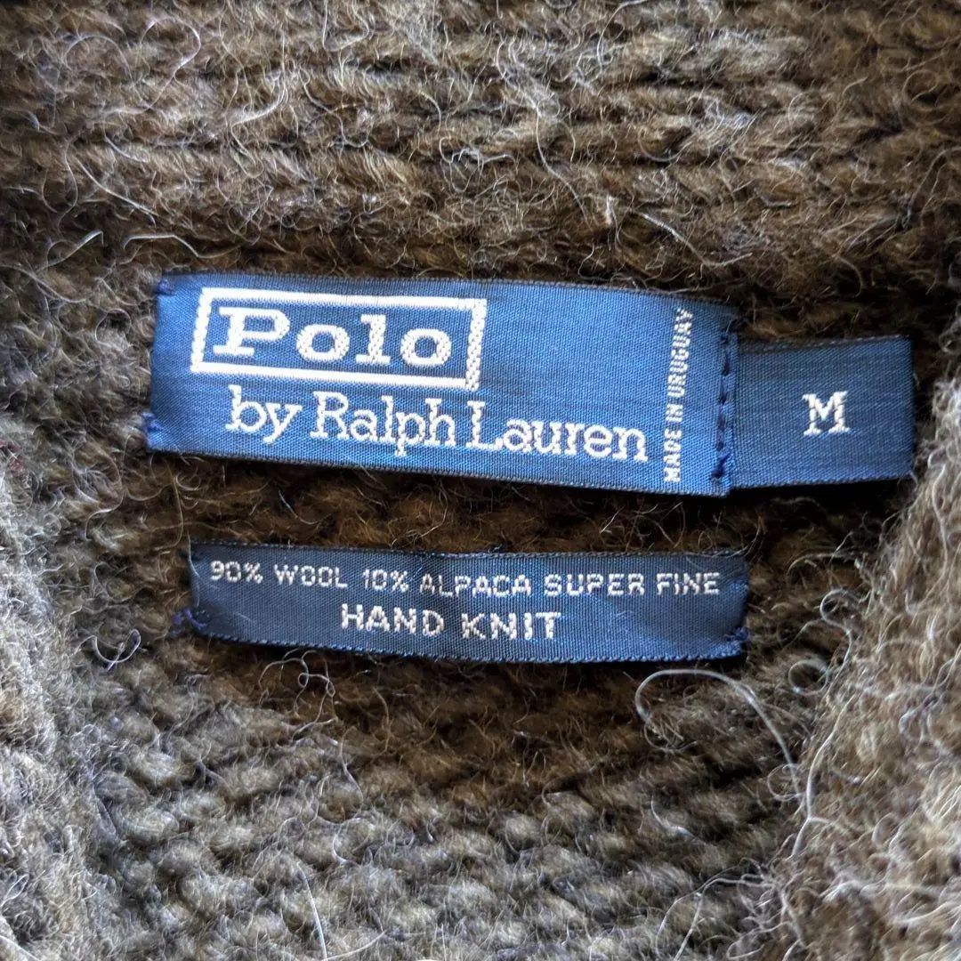 90s Ralph Lauren Hand Knit Cardigan Alpaca Leather Thick M