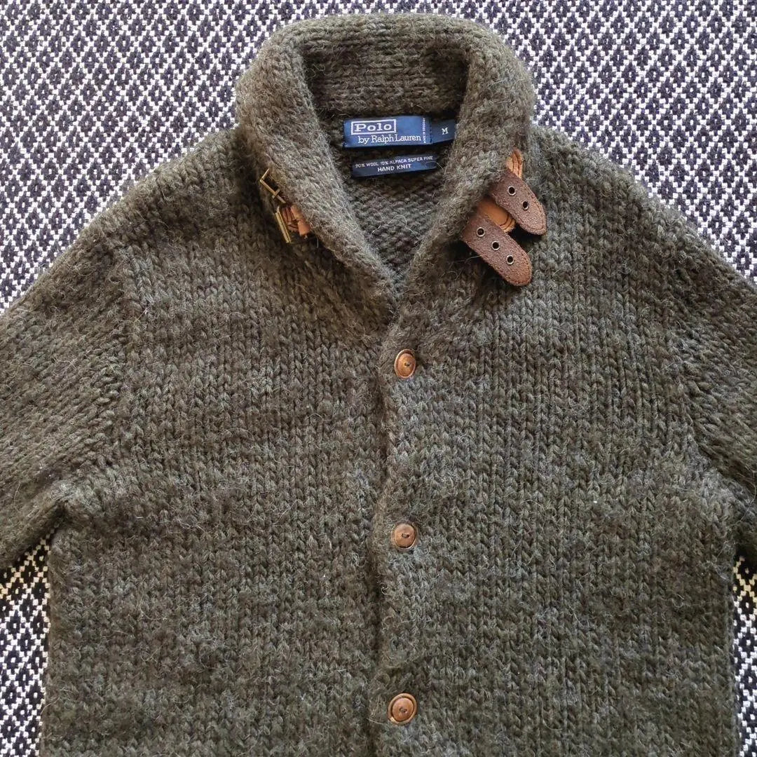 90s Ralph Lauren Hand Knit Cardigan Alpaca Leather Thick M