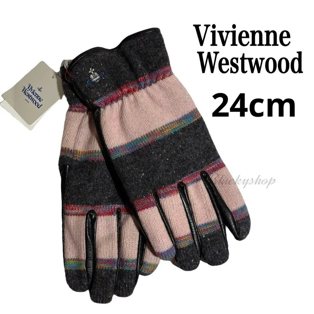 [Sin usar] Guantes Vivienn tejidos x borde de cuero rosa x gris 24 | 【未使用】ヴィヴィアン 手袋 ニット × レザー ボーダー ピンク×グレー 24