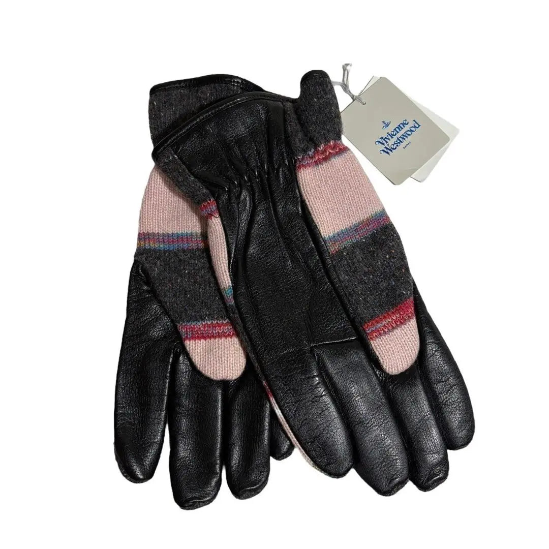 [Unused] Vivienn gloves knit x leather border pink x gray 24 | 【未使用】ヴィヴィアン 手袋 ニット × レザー ボーダー ピンク×グレー 24