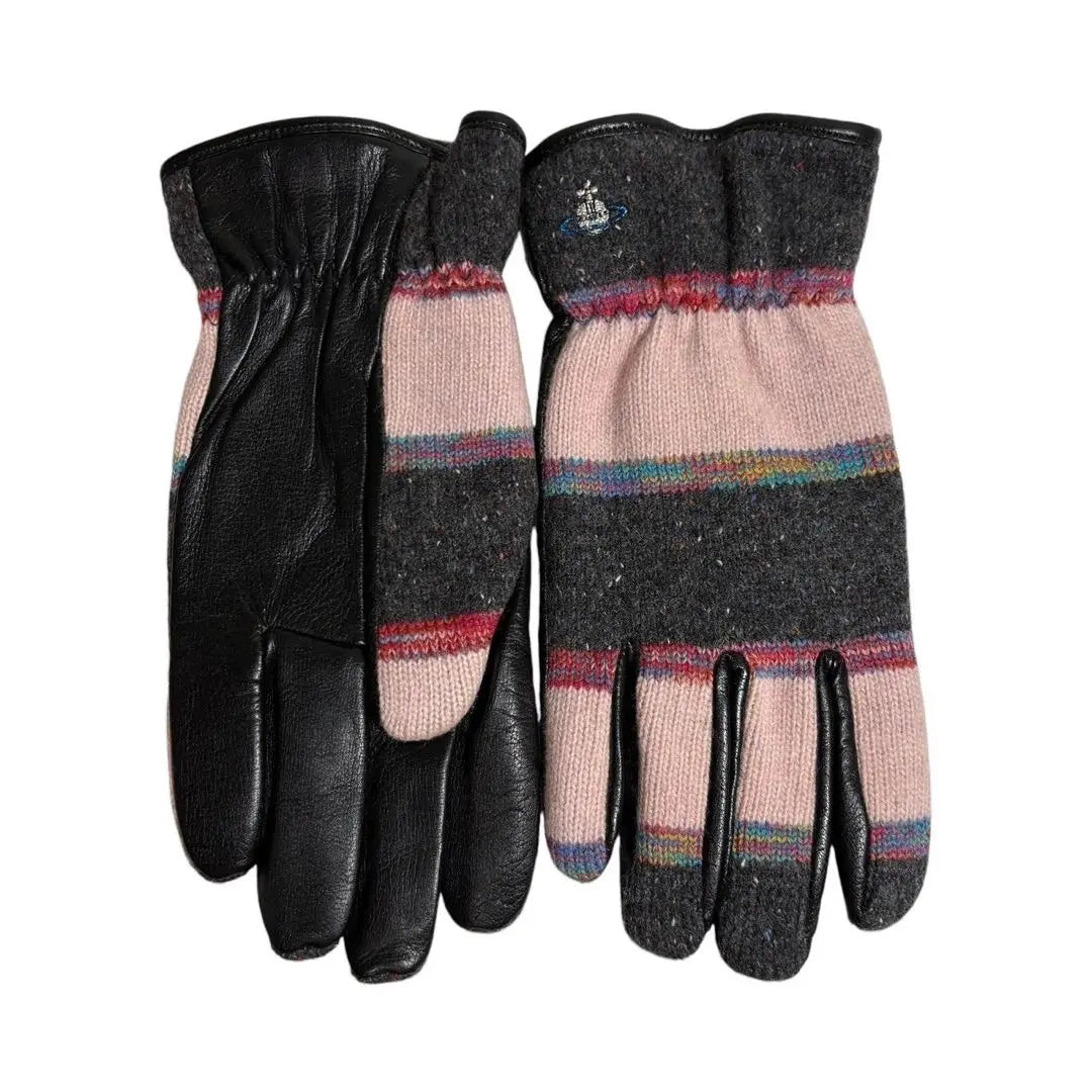 [Unused] Vivienn gloves knit x leather border pink x gray 24 | 【未使用】ヴィヴィアン 手袋 ニット × レザー ボーダー ピンク×グレー 24