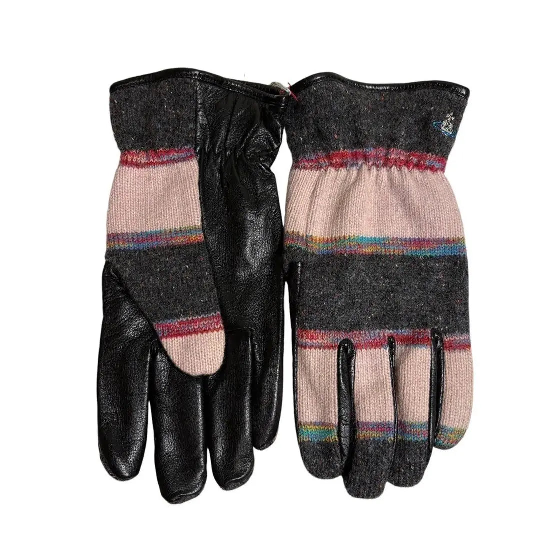 [Unused] Vivienn gloves knit x leather border pink x gray 24 | 【未使用】ヴィヴィアン 手袋 ニット × レザー ボーダー ピンク×グレー 24