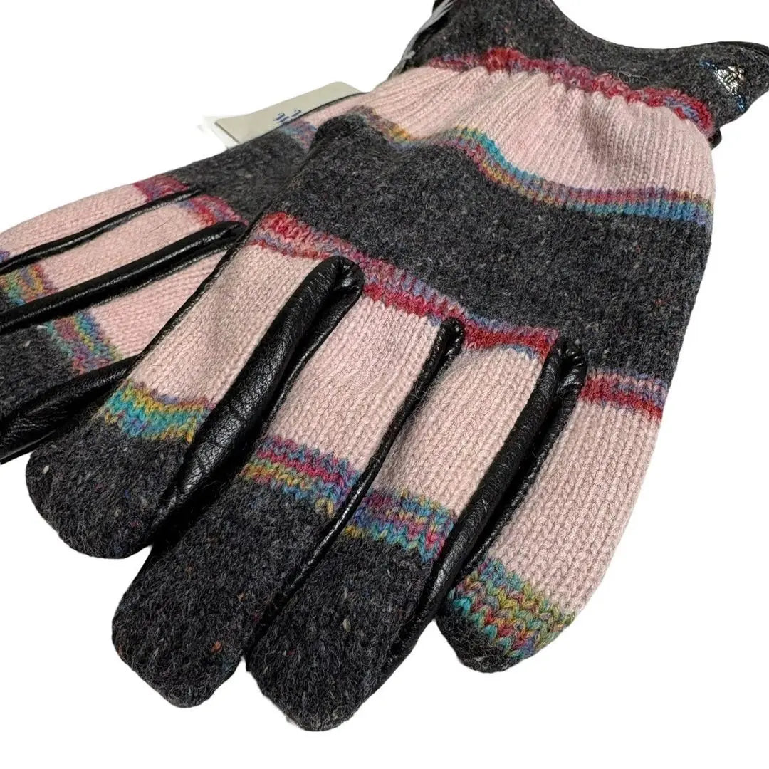 [Unused] Vivienn gloves knit x leather border pink x gray 24 | 【未使用】ヴィヴィアン 手袋 ニット × レザー ボーダー ピンク×グレー 24