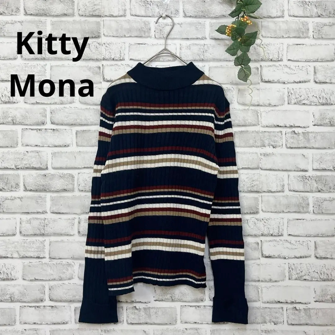 [Kitty Mona] (L) Knit Crew Neck Border Rib Knit Navy White Red Beige