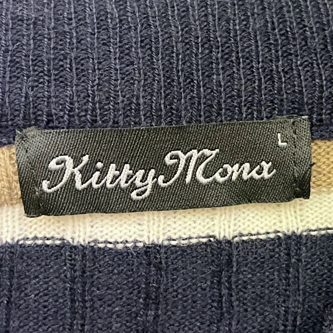 [Kitty Mona] (L) Knit Crew Neck Border Rib Knit Navy White Red Beige