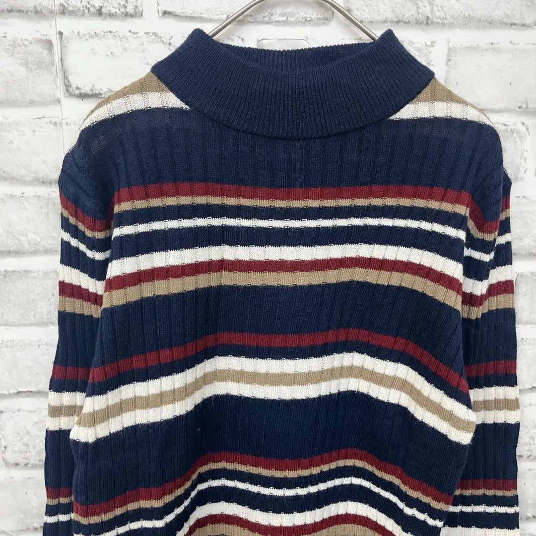 [Kitty Mona] (L) Knit Crew Neck Border Rib Knit Navy White Red Beige