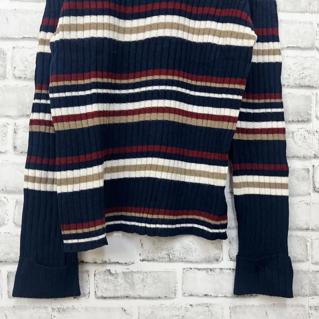 [Kitty Mona] (L) Knit Crew Neck Border Rib Knit Navy White Red Beige