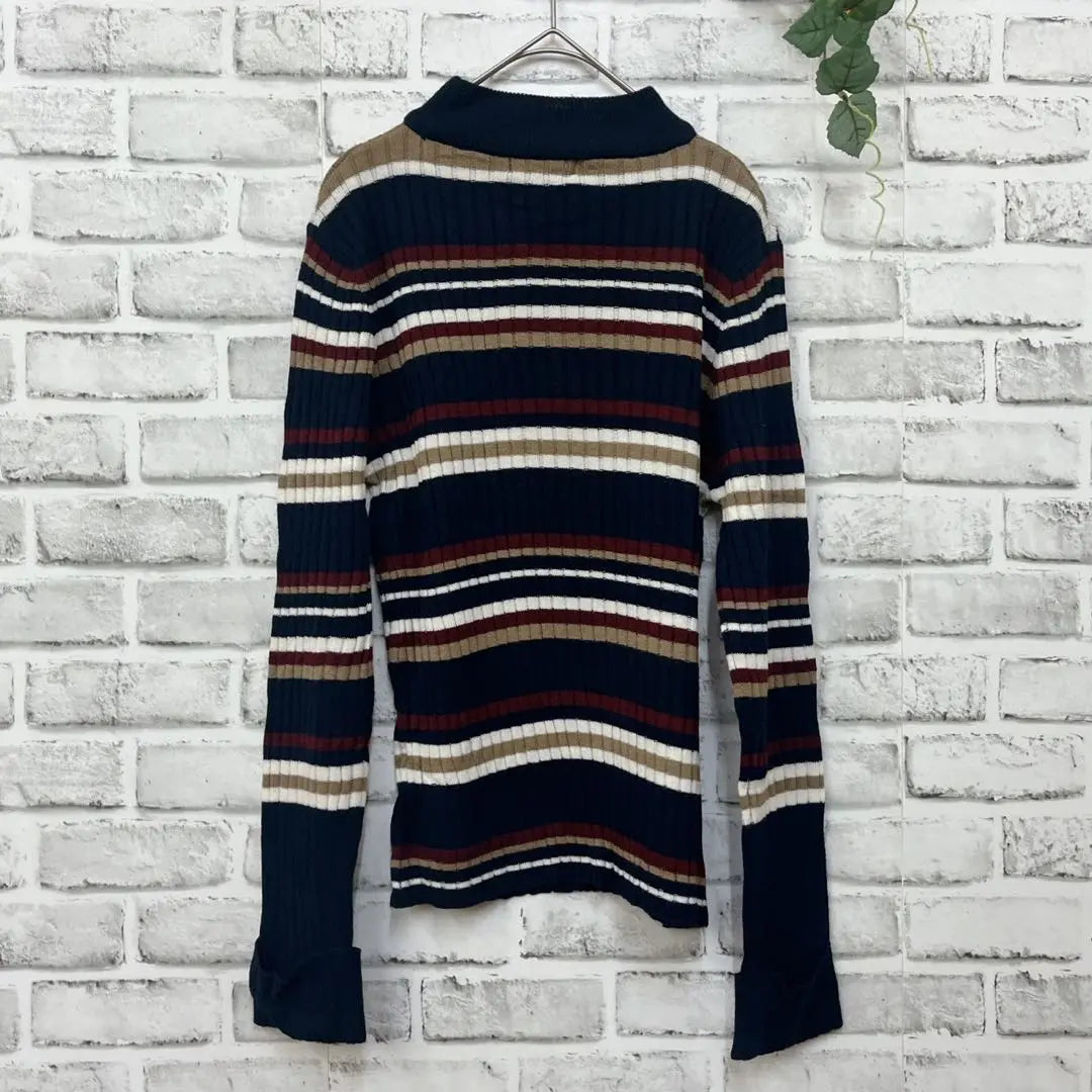 [Kitty Mona] (L) Knit Crew Neck Border Rib Knit Navy White Red Beige