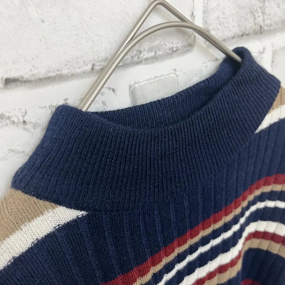 [Kitty Mona] (L) Knit Crew Neck Border Rib Knit Navy White Red Beige