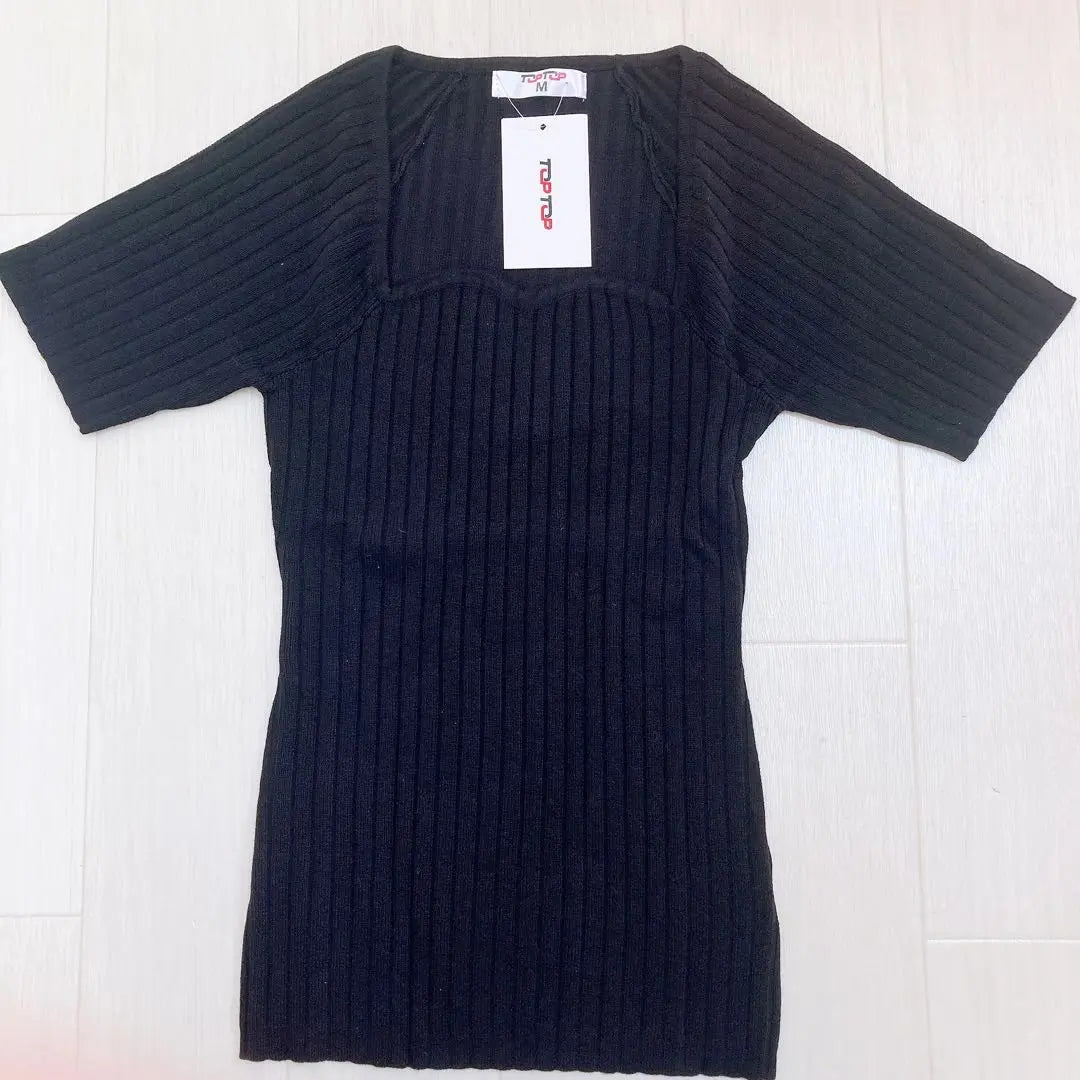 Jersey de punto de canalé sencillo para mujer, talla M, color negro, manga corta