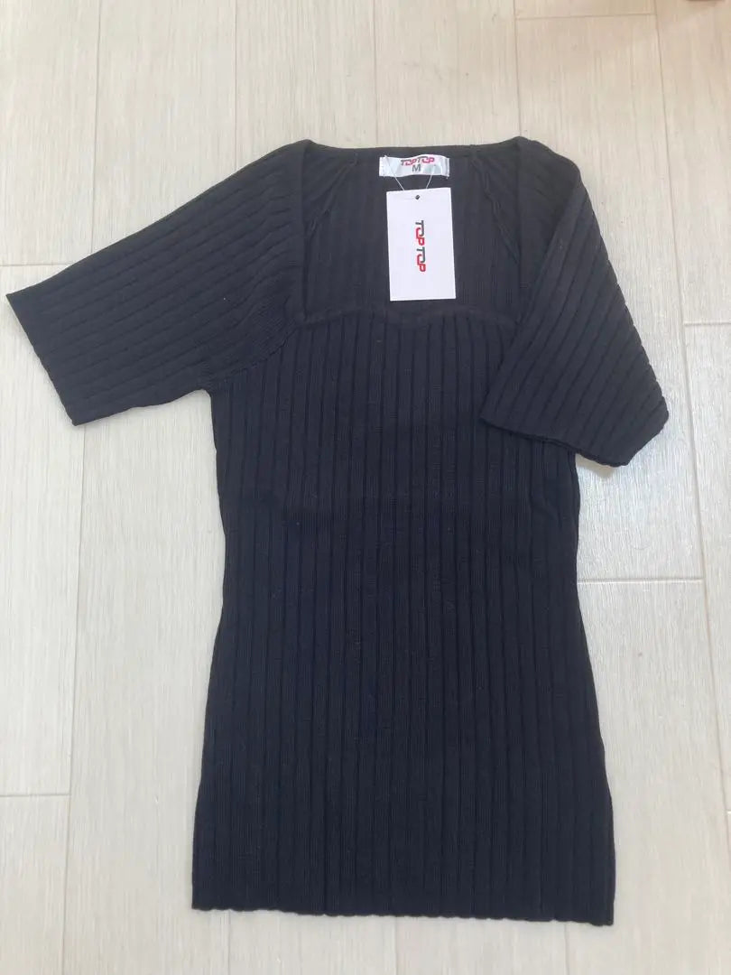 Jersey de punto de canalé sencillo para mujer, talla M, color negro, manga corta